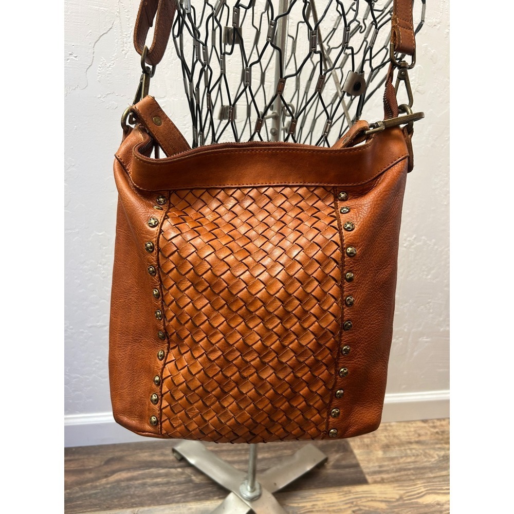 Vilenca Holland Leather Woven Studded Crossbody Hobo Bag Brown Boho Large - Picture 3 of 8
